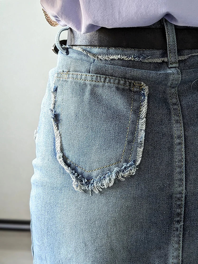 Streamgirl Irregular Split Denim Skirts For Women Midi Summer Casual Tassel Denim Skirt Lady Sexy A Line Jeans Skirt Women 2024
