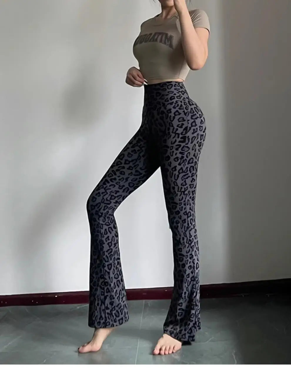 BIVIGAOS Spring Summer Leopard Print Flared Leggings Women Sharkskin High Waist Tight Sport Pilates Sexy Fitness Horseshoe Pants