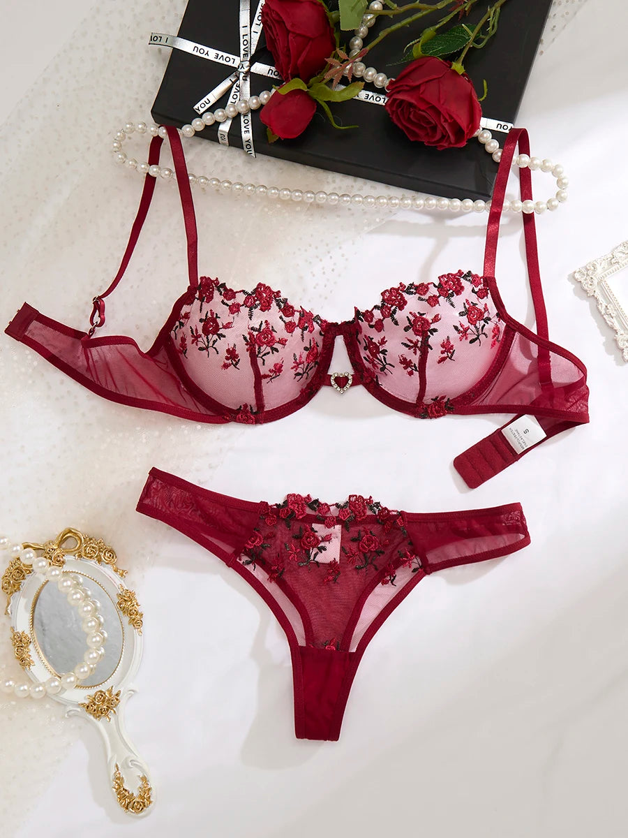 The Wine Red Heart Embroidered Brief Set