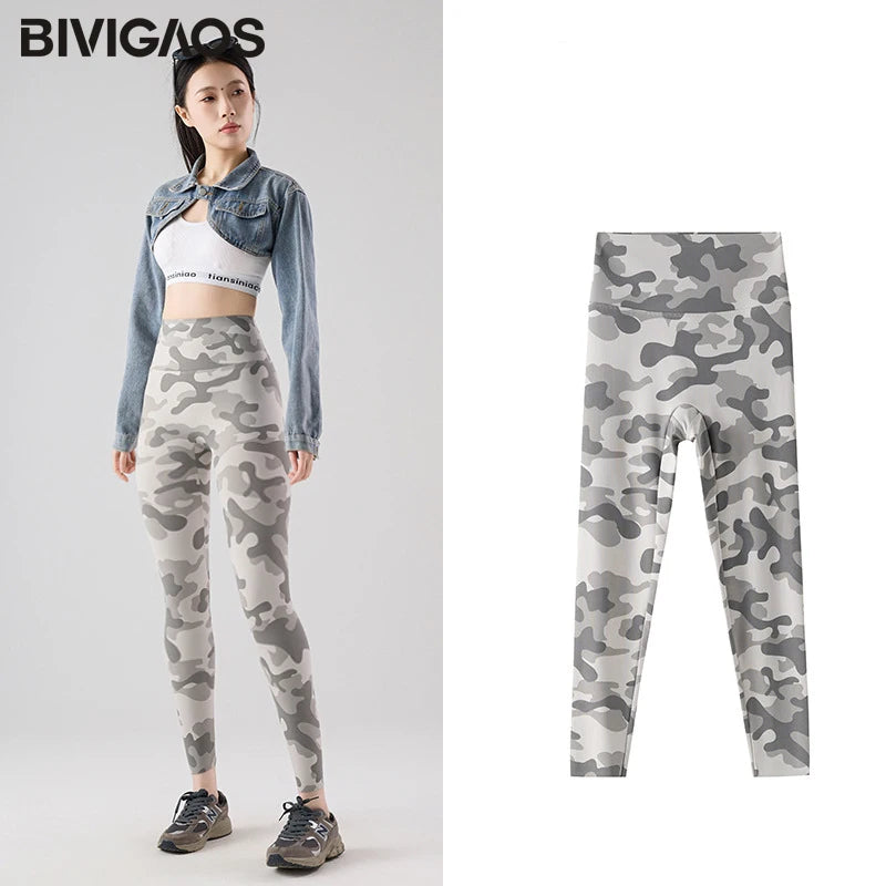 BIVIGAOS Spring Summer New Seamless Camouflage Sharkskin Leggings Women Fashion High Waist Casual Sports Tights Fitness Leggings