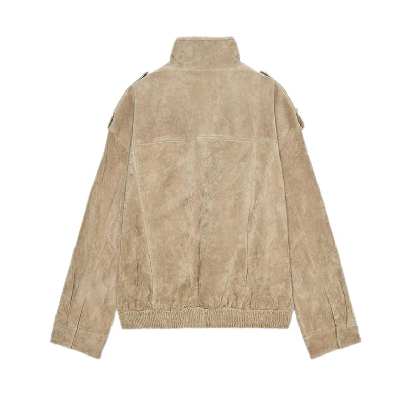 Women's Brown Suede Short Jackets Casual Lapel Zippered Full Sleeves Pocket Loose Short Coats 2025 Autumn Daily Commute Outwear