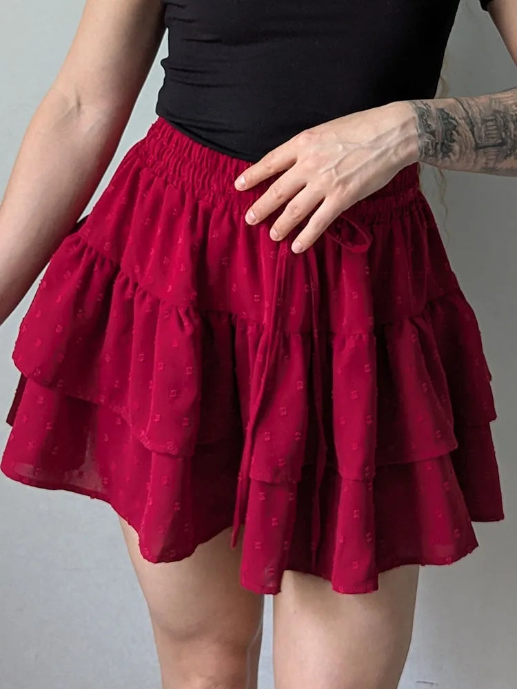 Streamgirl Women Mini Skirts With Shorts Under Summer Clothes Tie Up A Line Short White Pleated Ruffled Layered Skirt For Women