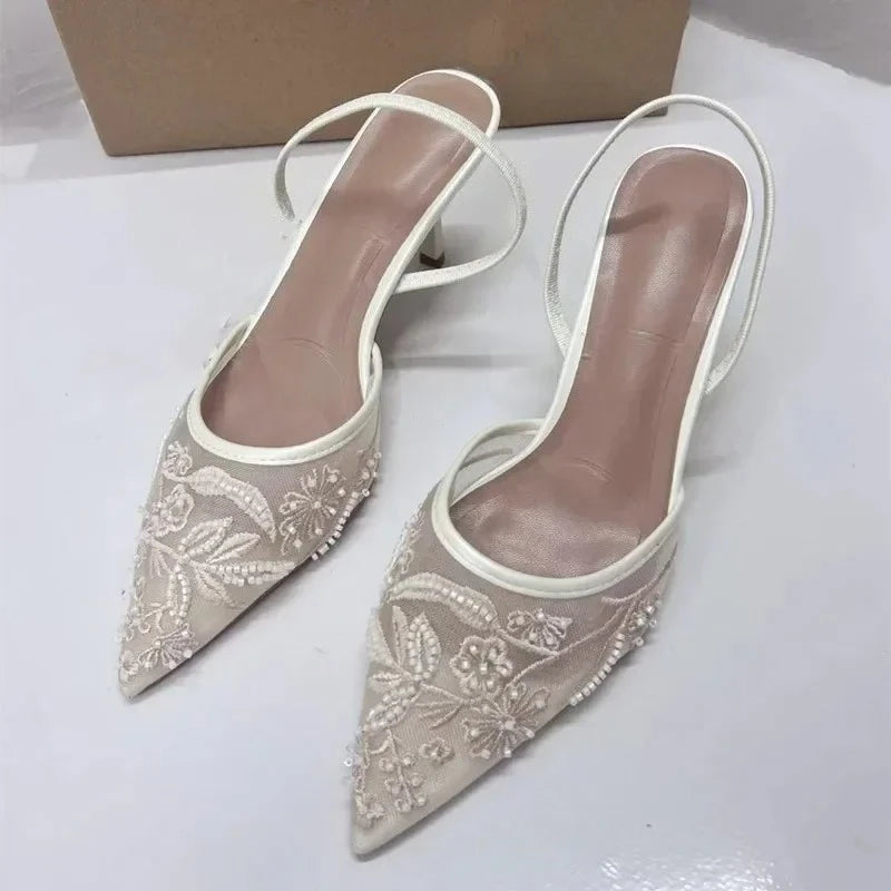 Woman Designer Mesh Open Heel Sandals Shoes Fashion Print Pointed End Women High-heel Pumps Sexy Stiletto Lady Mules