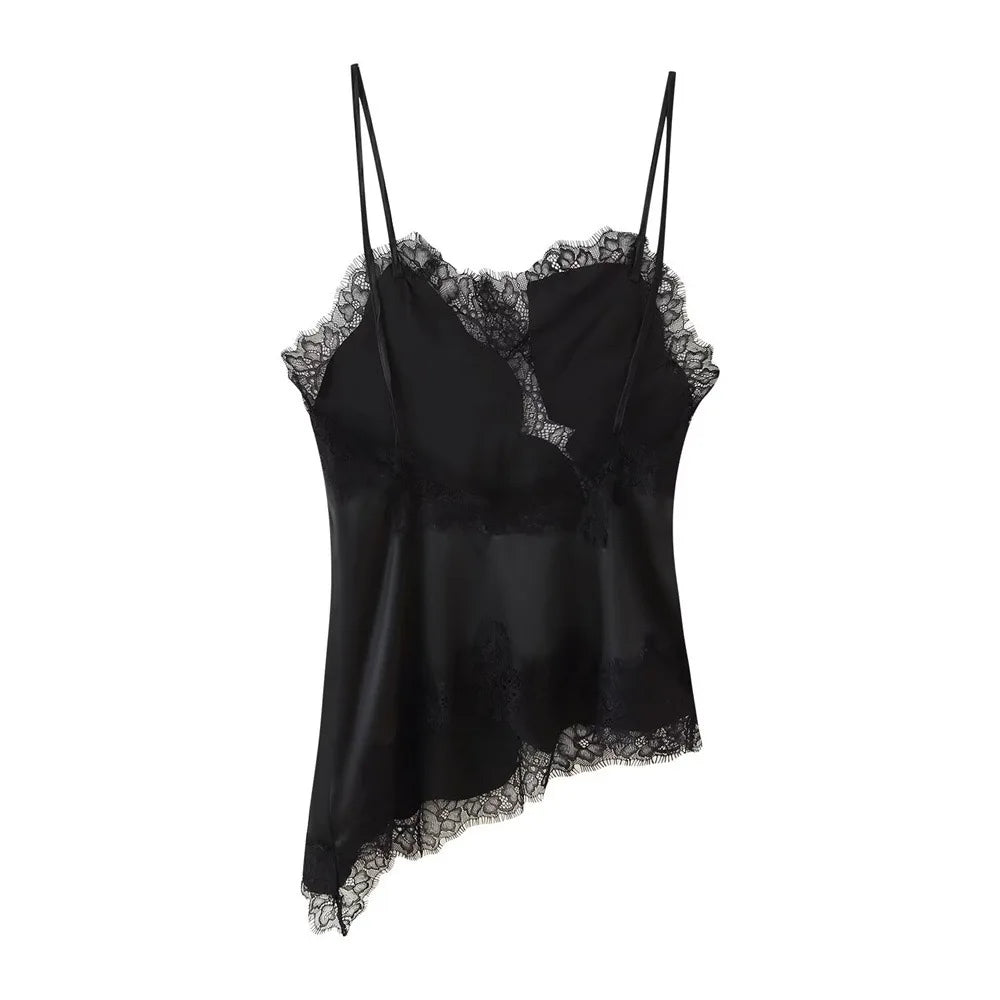 Elegant Asymmetrical Slip Top for Women Summer Y2K Lace Black Off-Shoulder Sleeveless Backless Camisole Tops