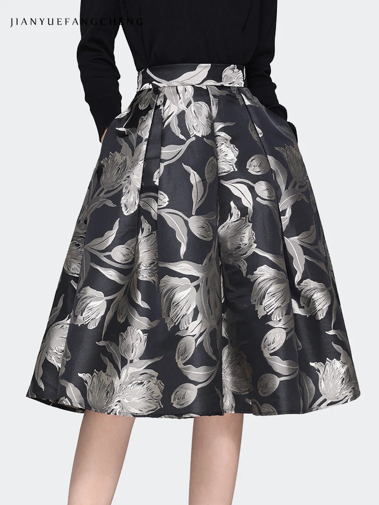 Women Grey Floral Mid-length Skirt 2024 Spring New HIgh Waist A-Line Pleated Knee-length Skirts With Pockets Tutu Skirts
