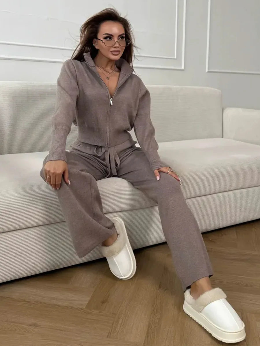 Wolfeel  New Autumn Winter Zip Up Knit Pants Set Women's Trendy Slim Fit Cardigan Pants Chic Commuting Sweater Outfit