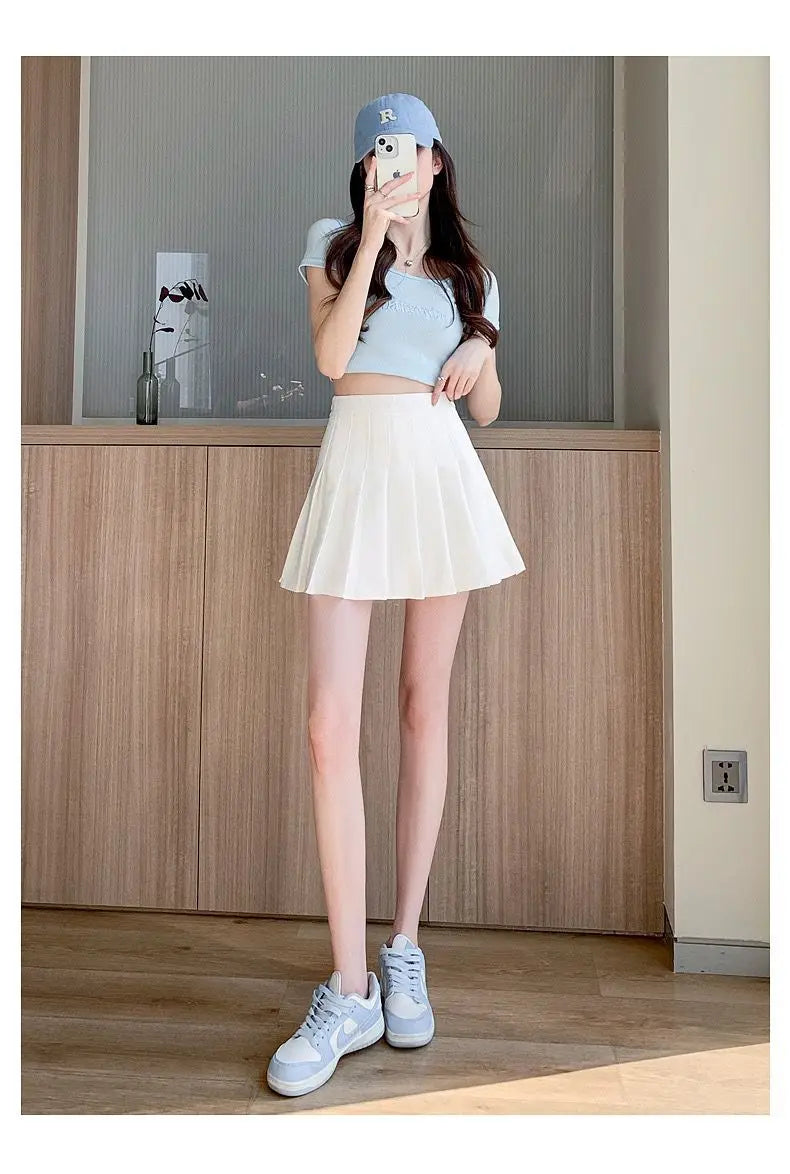 Pleated Mini Skirt with Shorts Women's High Waist A-Line Skater Skort White Black Pink Sporty School Uniform New Fashion HotSale