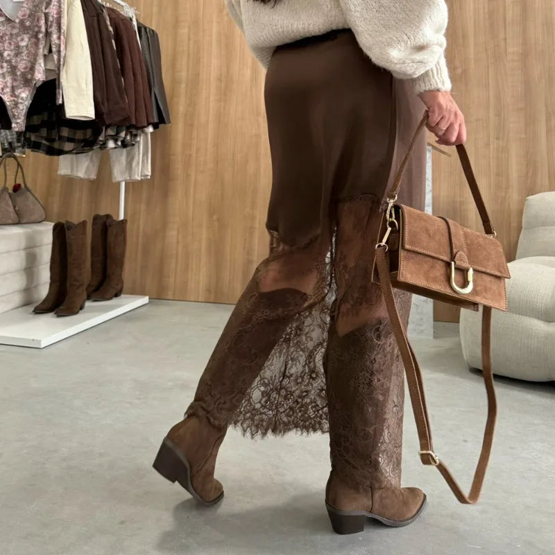Women Patchwork Lace Skirts 2026 New Vintage High Waist Slim Hollow Out Maxi Skirts Autumn Brown Fashion Party Club Boho Skirt