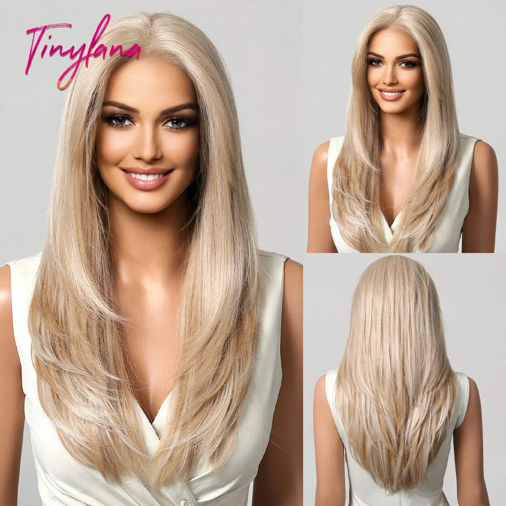 Ombre Blonde Platinum Synthetic Lace Frontal Wigs Long Straight 13*6 Lace Front Wigs for Women Daily Heat Resistant Hairline Wig