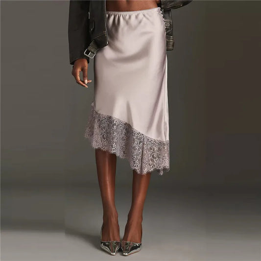 The Satin Asymmetric Lace Hem Maxi