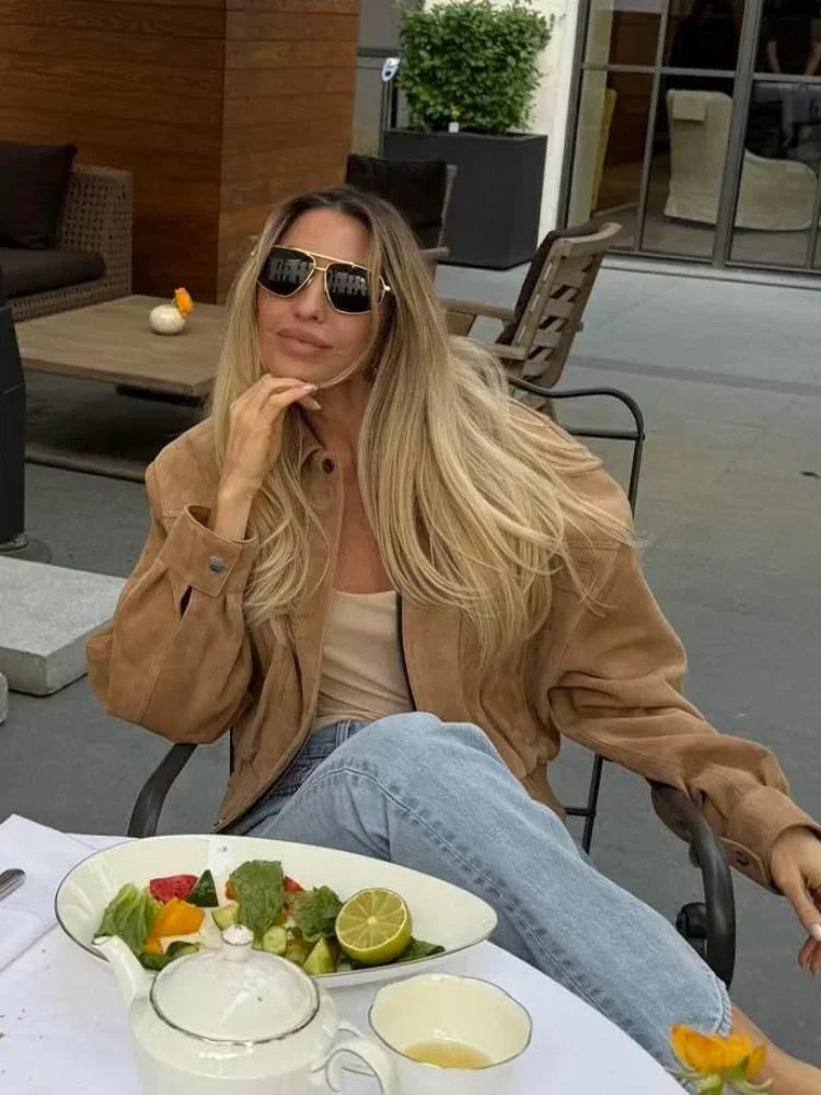 Women's Brown Suede Short Jackets Casual Lapel Zippered Full Sleeves Pocket Loose Short Coats 2025 Autumn Daily Commute Outwear