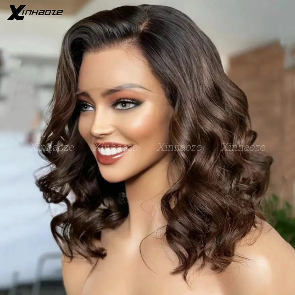 Ombre Brown 5x5 PU Silk Base Lace Closure Bob Wig For Women Human Hair 13x6 Lace Frontal Wig Preplucked Side Part Wavy Bob Wig