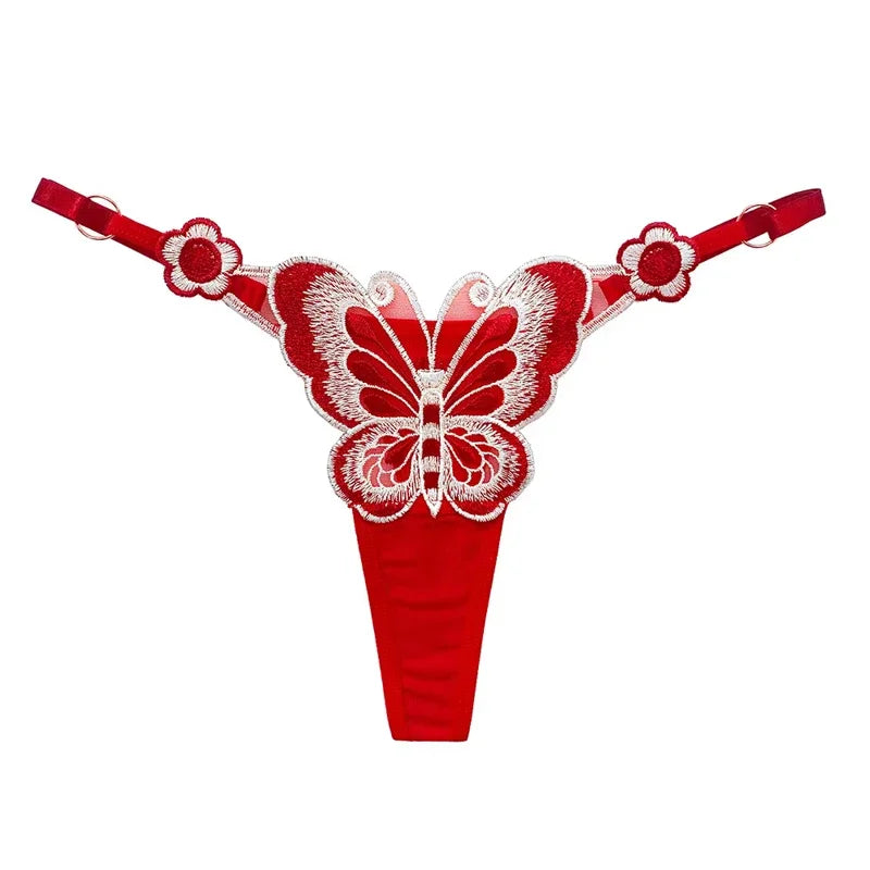Butterfly Lace Thong for Women Low Waist G-String Transparent Mesh Panties Sexy Embroidered Briefs Adjustable Waist Culotte Femm