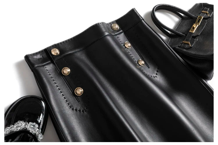 Moda Linda Lambskin Mini Skirts Women Handmade Arch Needle High Waist Wrap Leather Etek Khaki Double Breasted Metal Button Jupe