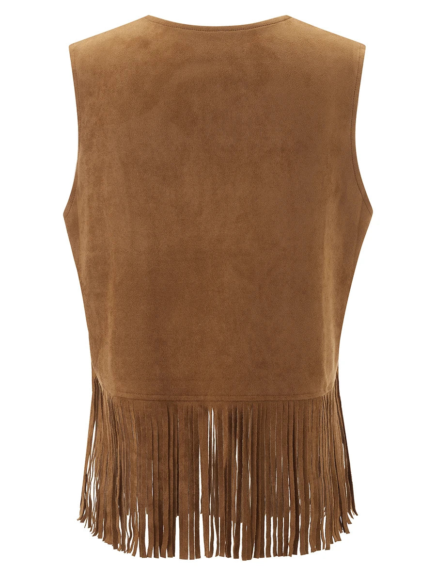 Women Fringe Vest Faux Suede Open Front Vintage Vest Sleeveless Hippie Clothes Boho Western Cowboy Style Short Jackets
