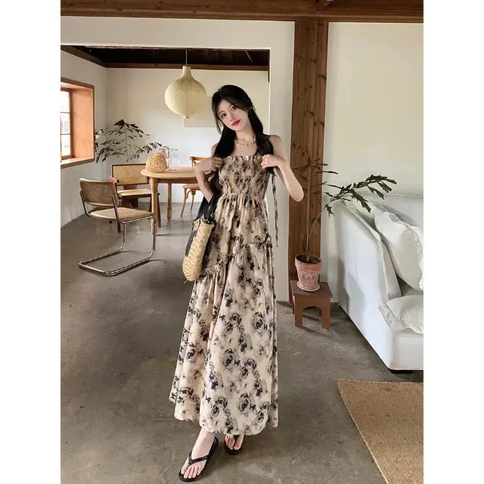 Elegant Long Dress 2024 New Summer Vacation Style High-waisted Slimming Sleeveless Tank Dress Fragrant Flowers