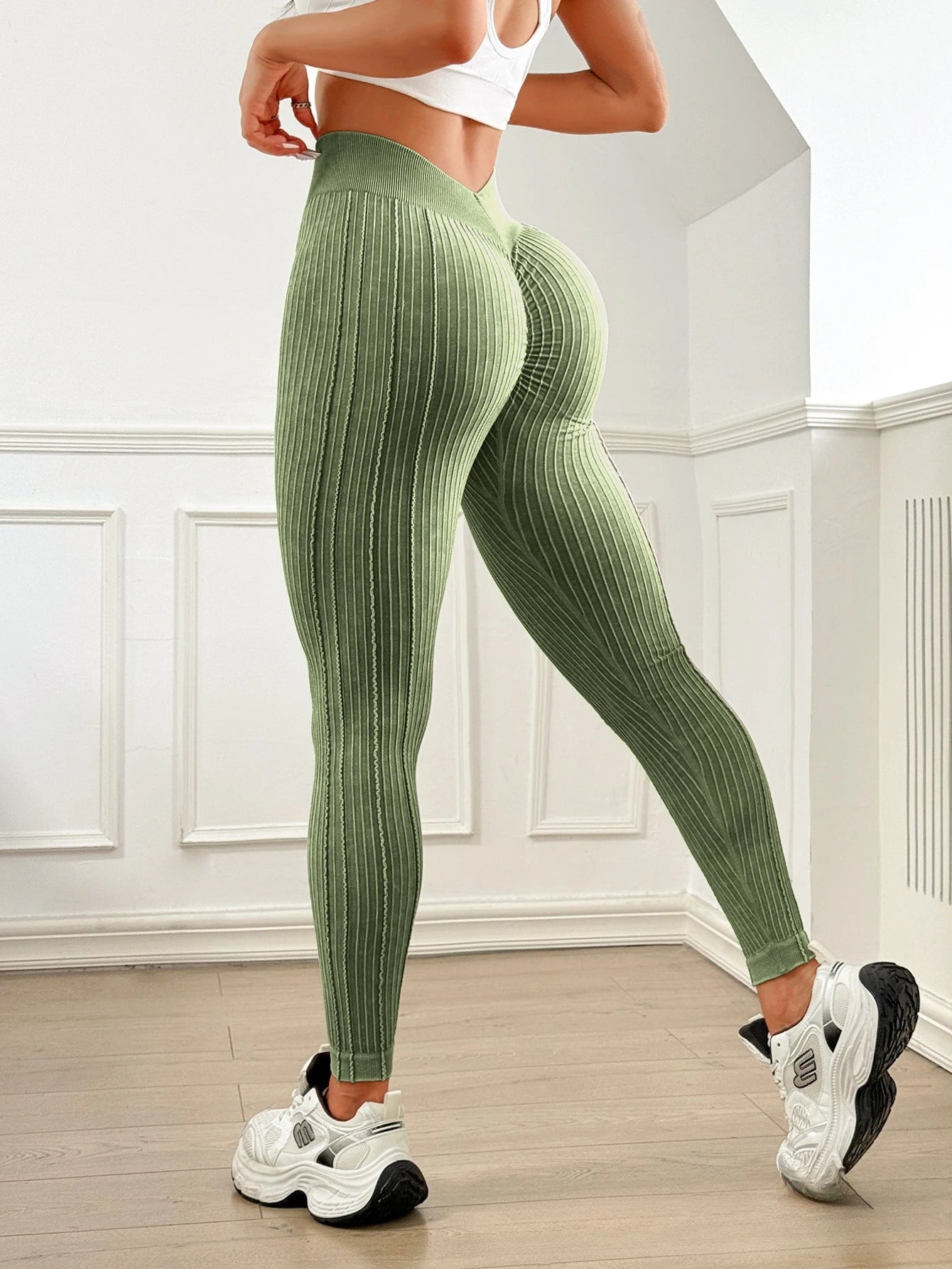 Womens Sand Washed Ribbed Leggings High Waisted Yoga Leggings V Shaped Waistband Peach Booty Lifting Fitness Pants for Workout