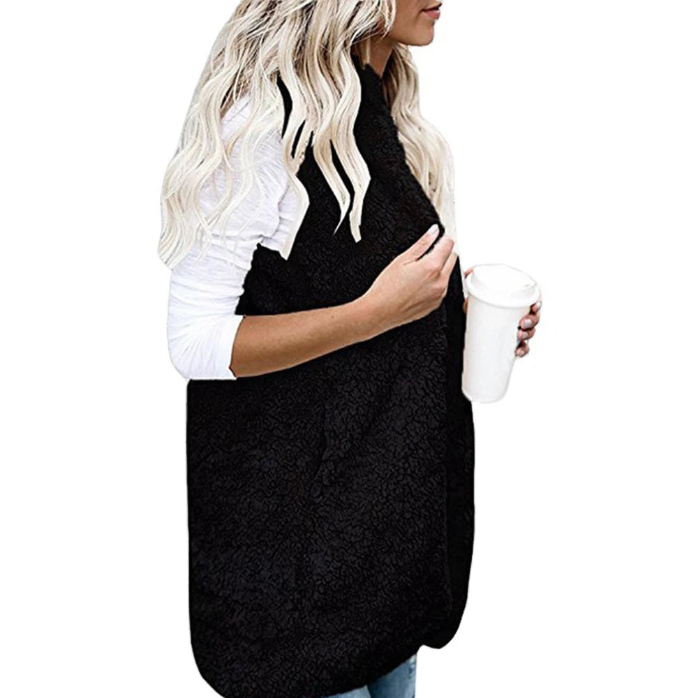 Women Fleece Coats Summer Fashion Pocket Sleeveless Long Loose Waistcoats Outwear LRFZ-6699