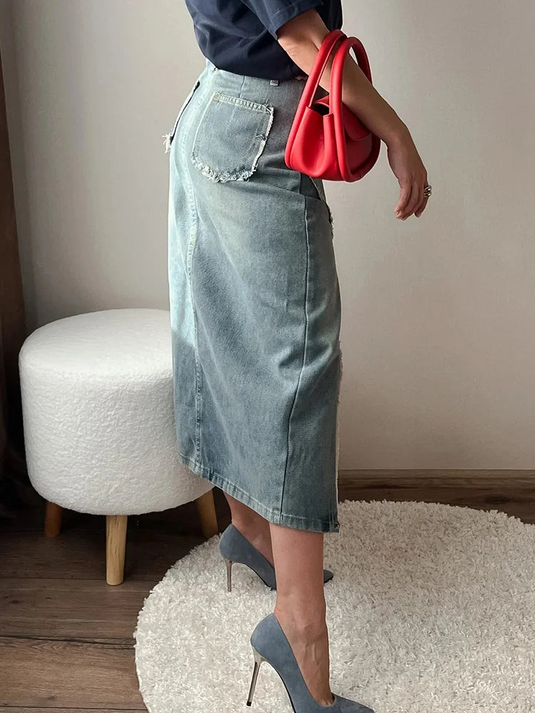 Streamgirl Irregular Split Denim Skirts For Women Midi Summer Casual Tassel Denim Skirt Lady Sexy A Line Jeans Skirt Women 2024
