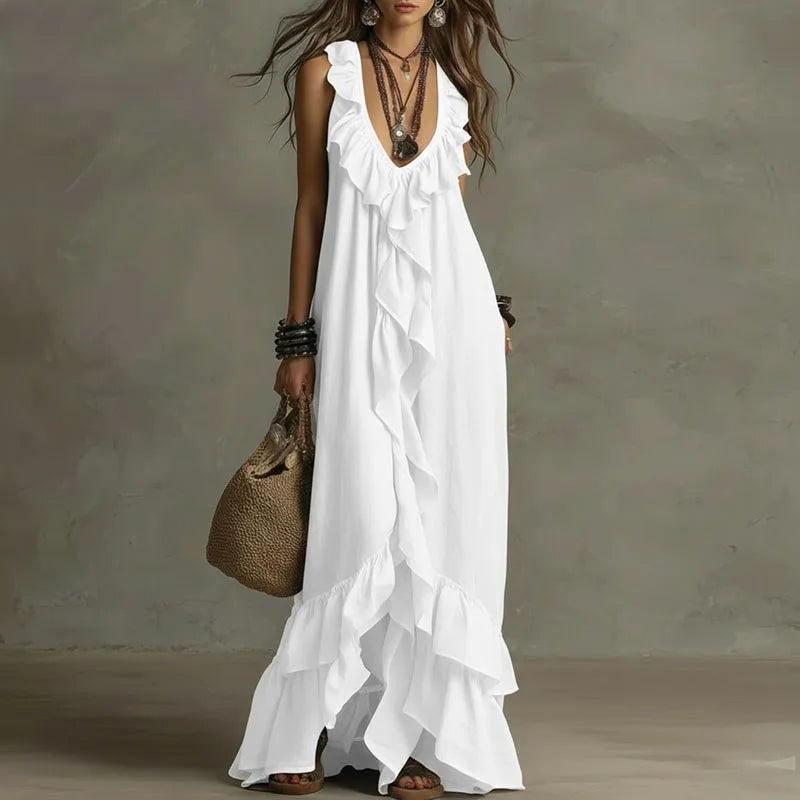 Sexy Deep V Neck Ruffle Loose Long Dresses Woman Spring Casual Solid Party Maxi Dress New Summer Sleeveless Vacation Beach Dress