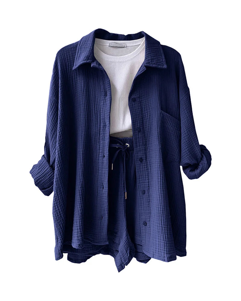 Summer Women's Suit Short Sets Outfits Muslin Suit For Women 2025 Two Piece Female Clothing Solid Button Outfits