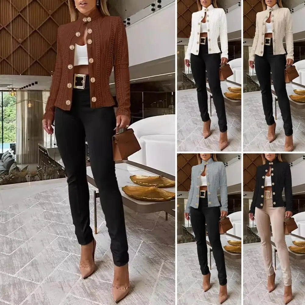 Fall Winter Women Jacket Slim Fit Metal Buttons Stand Collar Long Sleeves Jacquard Coat Solid Color OL Commuting Coat For Work
