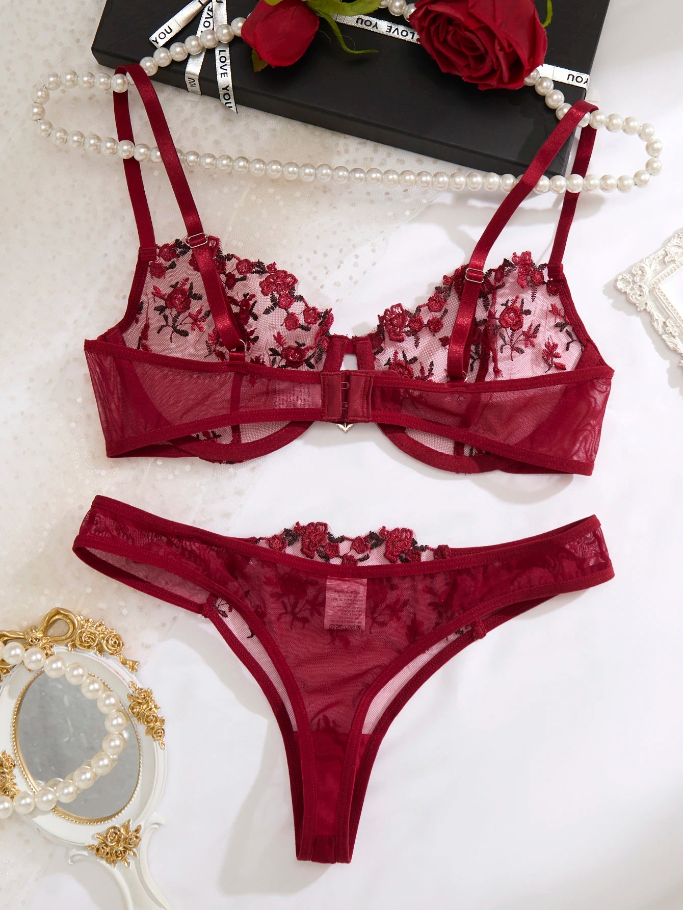 The Wine Red Heart Embroidered Brief Set