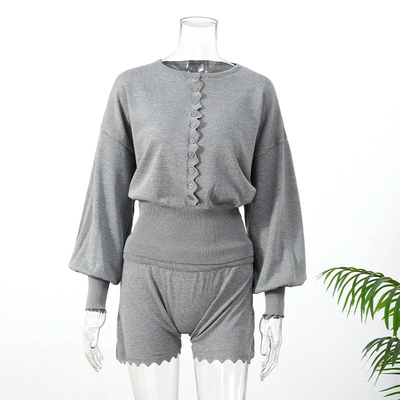 Casual Solid Long Sleeve Button Front Set Vintage Lace Trim Fitted Top High Waist Shorts Sets Youthful Daily Outfit 2026 Trendy