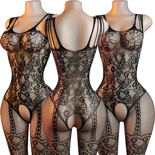 The Rose Mesh Open-Crotch Bodystocking Set