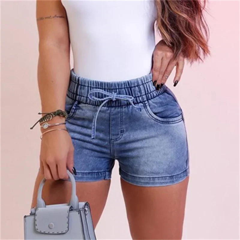 Women Stretch Lace-up Elastic Waist Denim Shorts Summer High-Waist Three Quarter Pants Female Casual Mini Tight Straight Jeans 4