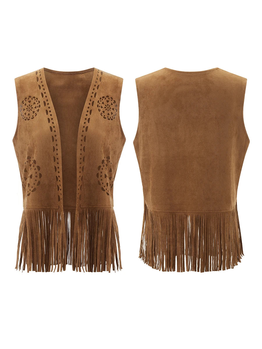 Women Fringe Vest Faux Suede Open Front Vintage Vest Sleeveless Hippie Clothes Boho Western Cowboy Style Short Jackets