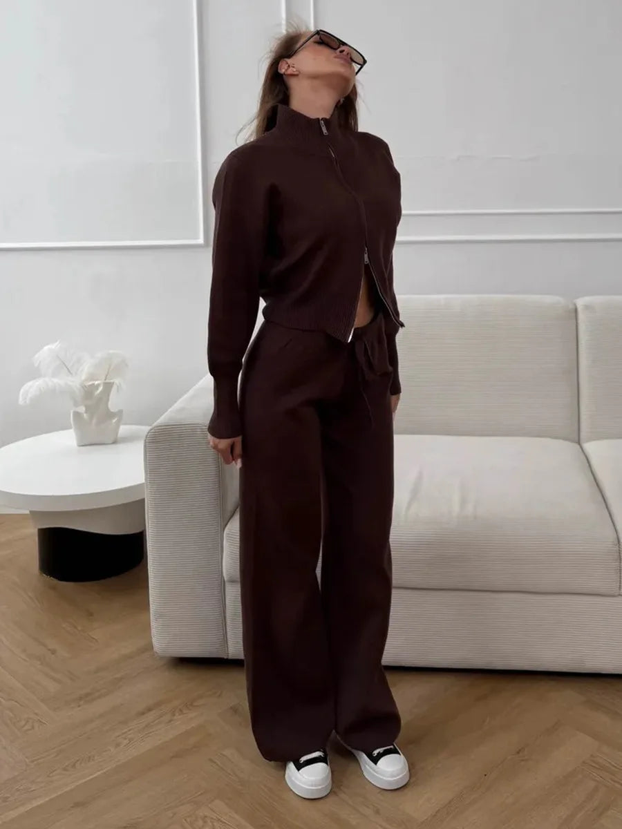 Wolfeel  New Autumn Winter Zip Up Knit Pants Set Women's Trendy Slim Fit Cardigan Pants Chic Commuting Sweater Outfit