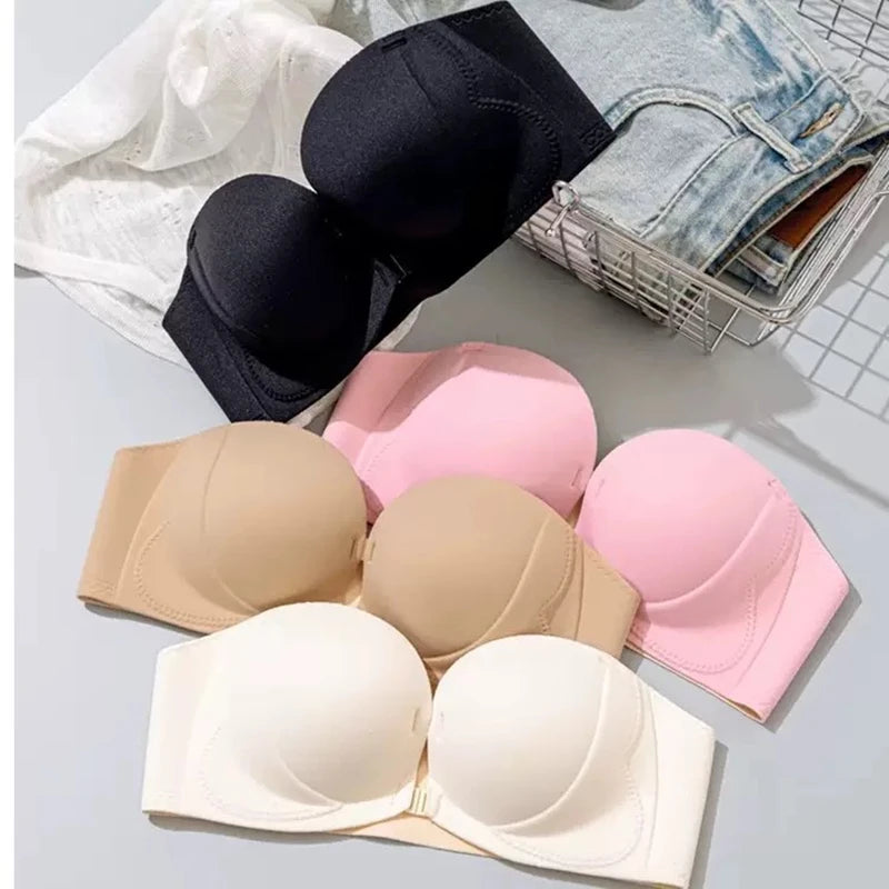 Strapless Anti-Slip Bra for Women with Small Breasts Front Buckle Gathered Design to Enhance Bust Size And Thickness