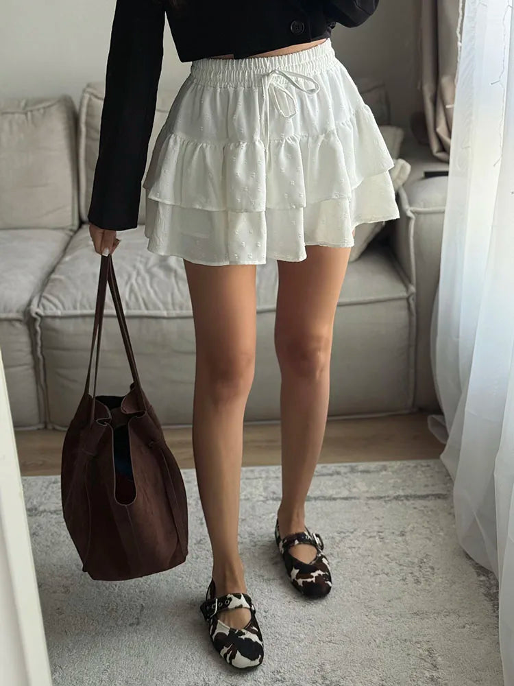 Streamgirl Women Mini Skirts With Shorts Under Summer Clothes Tie Up A Line Short White Pleated Ruffled Layered Skirt For Women