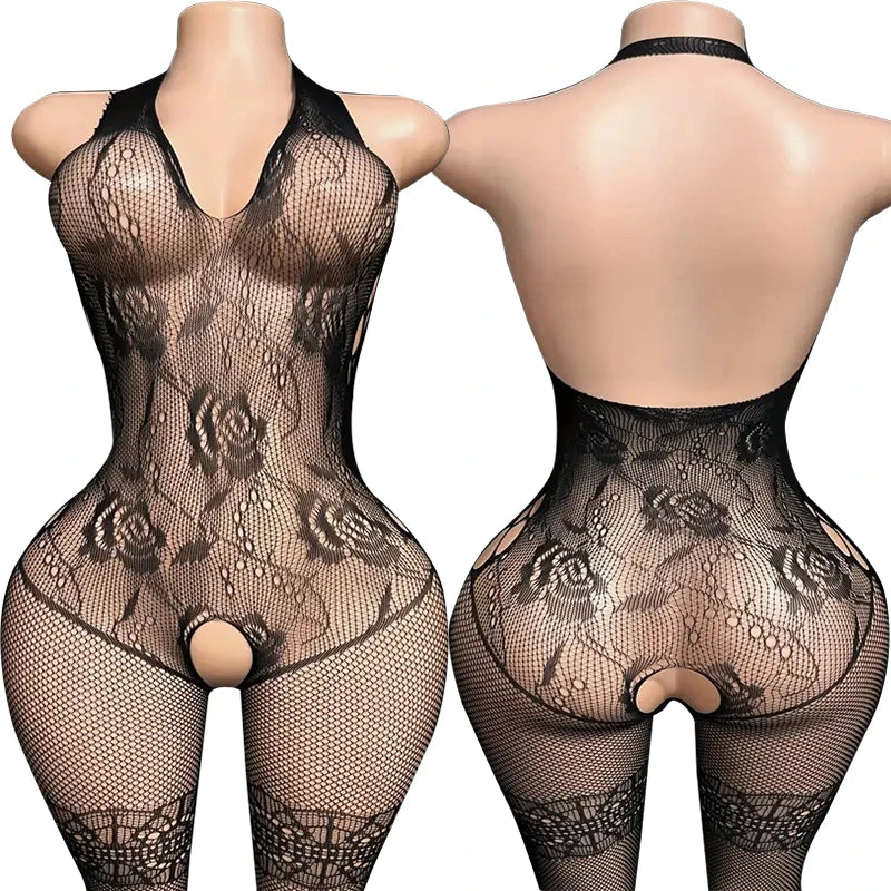 Erotic Crotchless Lingerie For Women Mesh Translucent Bra Set Lace Floral Print Bodysuit Fishnet Sexy Hollow Out Underwear Set
