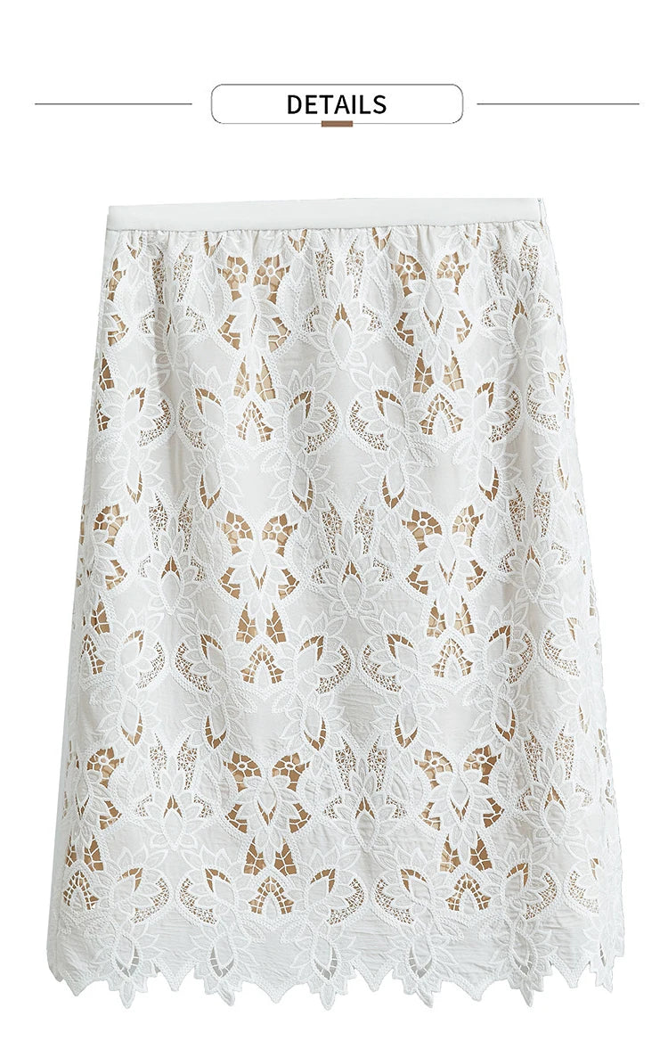 AMII Minimalist Beige Elegant Skirt Straight 2025 Summer Office Lady Romantic Flower Lace Embroidery Women Midi Skirts 12542169