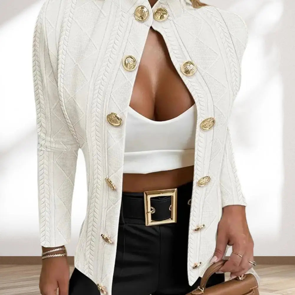 Fall Winter Women Jacket Slim Fit Metal Buttons Stand Collar Long Sleeves Jacquard Coat Solid Color OL Commuting Coat For Work