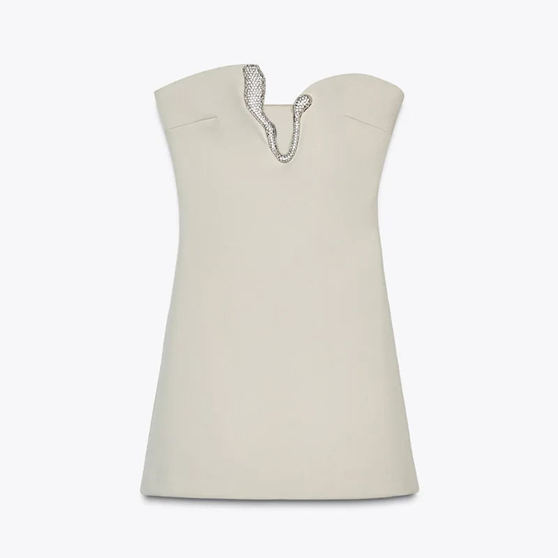Sexy Asymmetric Rhinestone Short Skirt Set Women Solid  Strapless Sleeveless Crop Tops Mini Skirts 2026 Spring Lady Elegant Gown