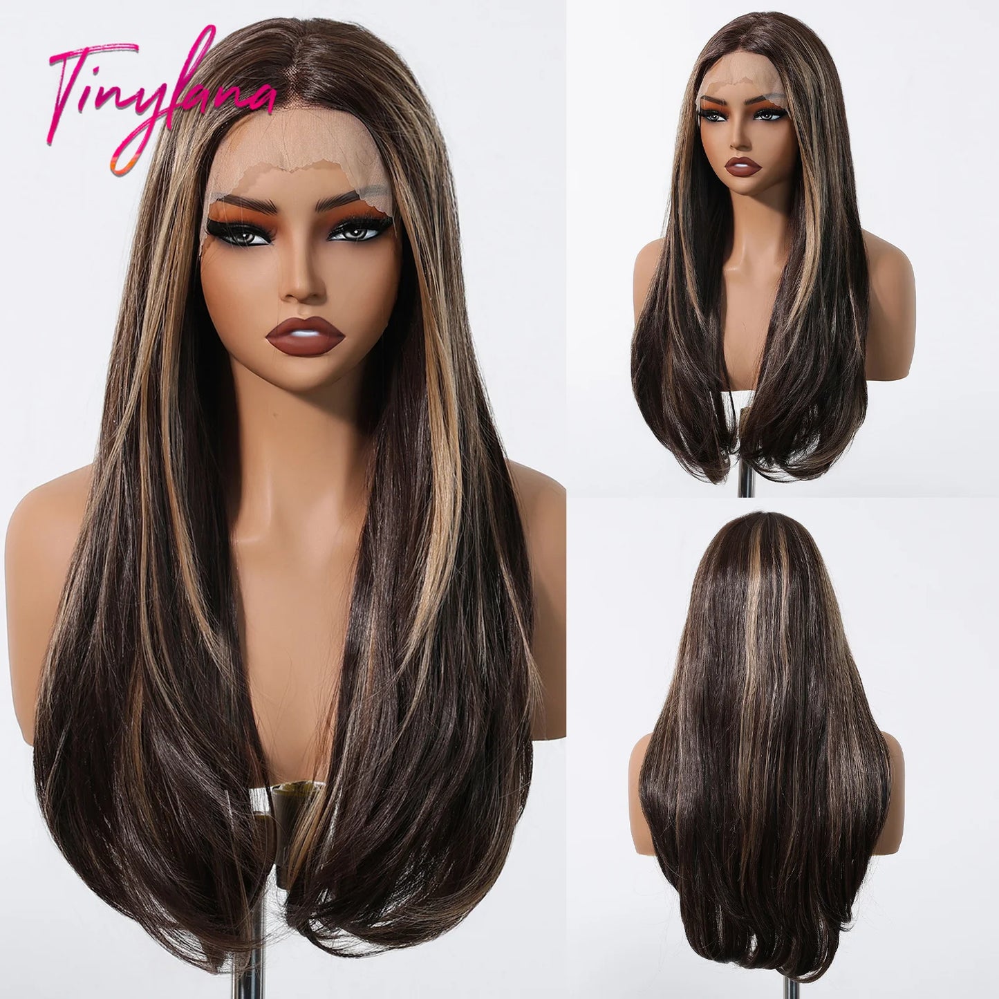 Ombre Blonde Platinum Synthetic Lace Frontal Wigs Long Straight 13*6 Lace Front Wigs for Women Daily Heat Resistant Hairline Wig