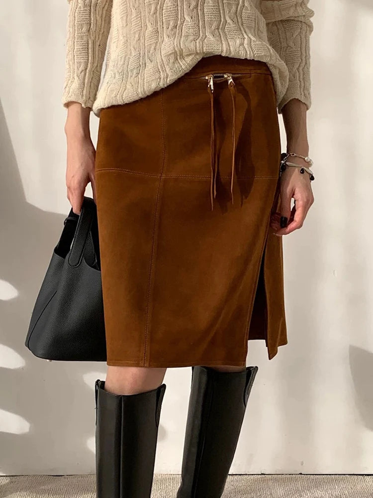 2025 Autumn Women's Sheepskin Suede Leather Skirt Female Retro Maillard Split Slim Pencil Wrap Jupe Mujer Auburn Midi Faldas