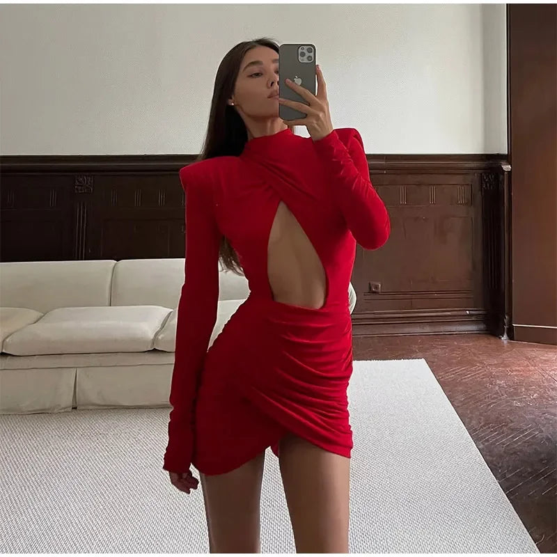 Black Hollow Out Mini Dress Women's Long Sleeve Sexy High Collar Slim A-line Dresses 2025 Lady Evening Party Club Gowns Autumn