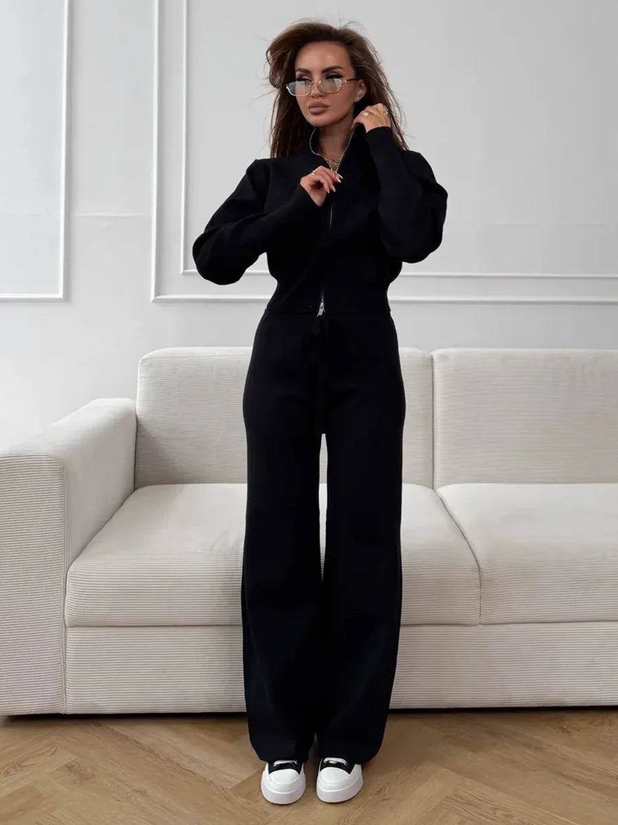 Wolfeel  New Autumn Winter Zip Up Knit Pants Set Women's Trendy Slim Fit Cardigan Pants Chic Commuting Sweater Outfit