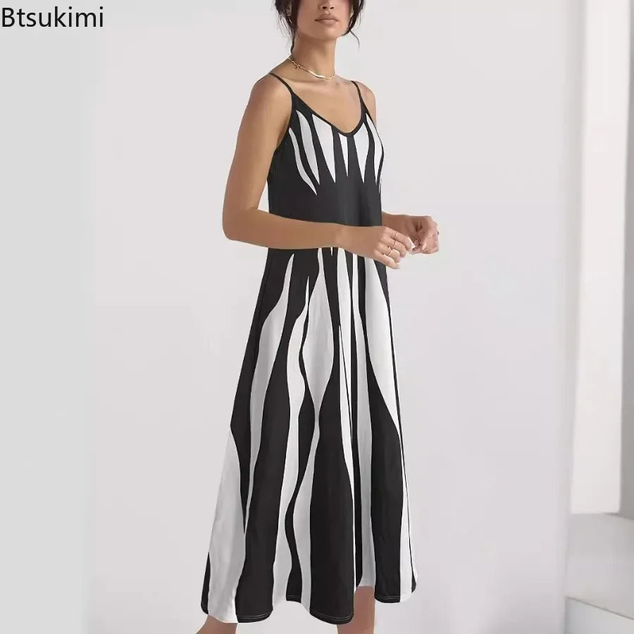 Women's Summer Sleeveless Print Sling Long Dress Vintage Loose Sundress Sexy V-neck Bohemian A-line Vacation Strappy Maxi Dress