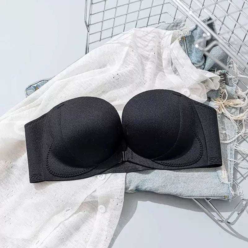 Strapless Anti-Slip Bra for Women with Small Breasts Front Buckle Gathered Design to Enhance Bust Size And Thickness