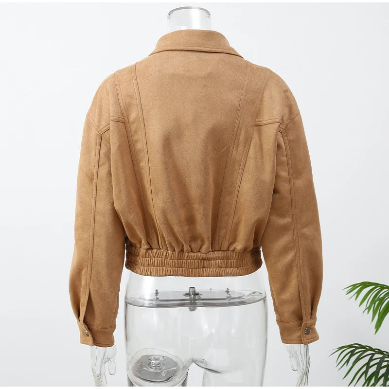 Women's Brown Suede Short Jackets Casual Lapel Zippered Full Sleeves Pocket Loose Short Coats 2025 Autumn Daily Commute Outwear