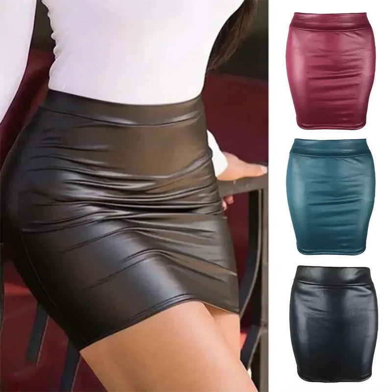 Women's High-Waist Slim Fit Mini Skirt Vintage Bodycon Hip Pencil Skirt Sexy Imitation PU Clubwear Ladies Office Clothing