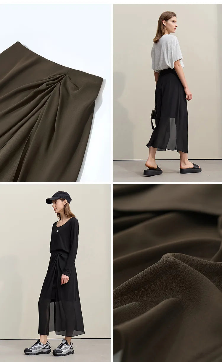 Amii Women's Skirt 2026 Summer Elegant Chiffon Midi Skirt Pleated Side Slit Office Casual Versatile Women's Clothing 12612002