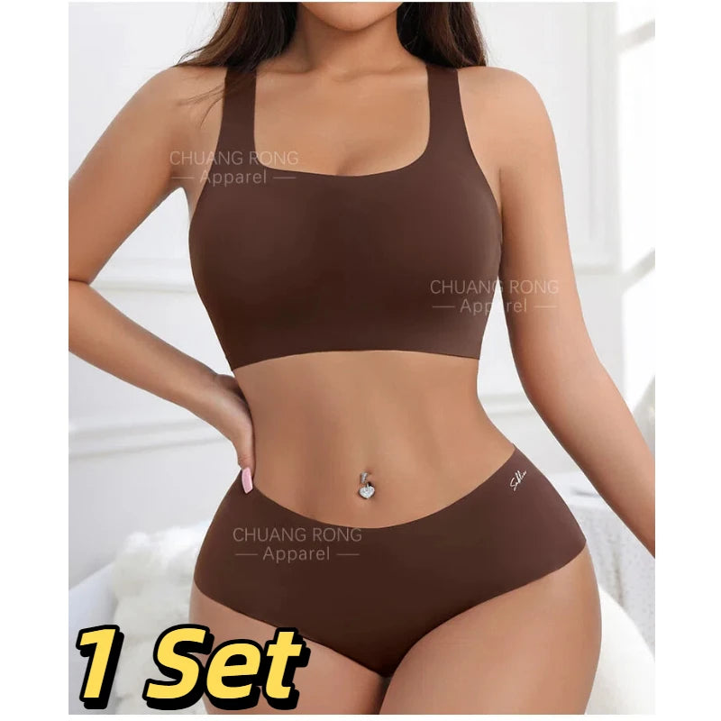 Hot Sale High Quality Latest Design Us Size Stylish Solid Ice Silk Seamless Wireless Bras And Women Underwear Set