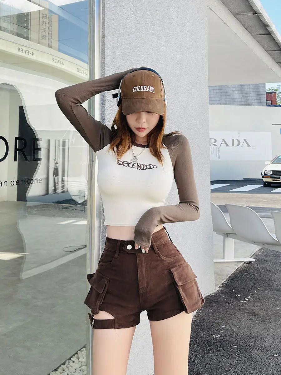 High Waisted Cargo Shorts Khaki Chic Pockets Jeans Shorts Sexy Girl Summer Clothes for Women