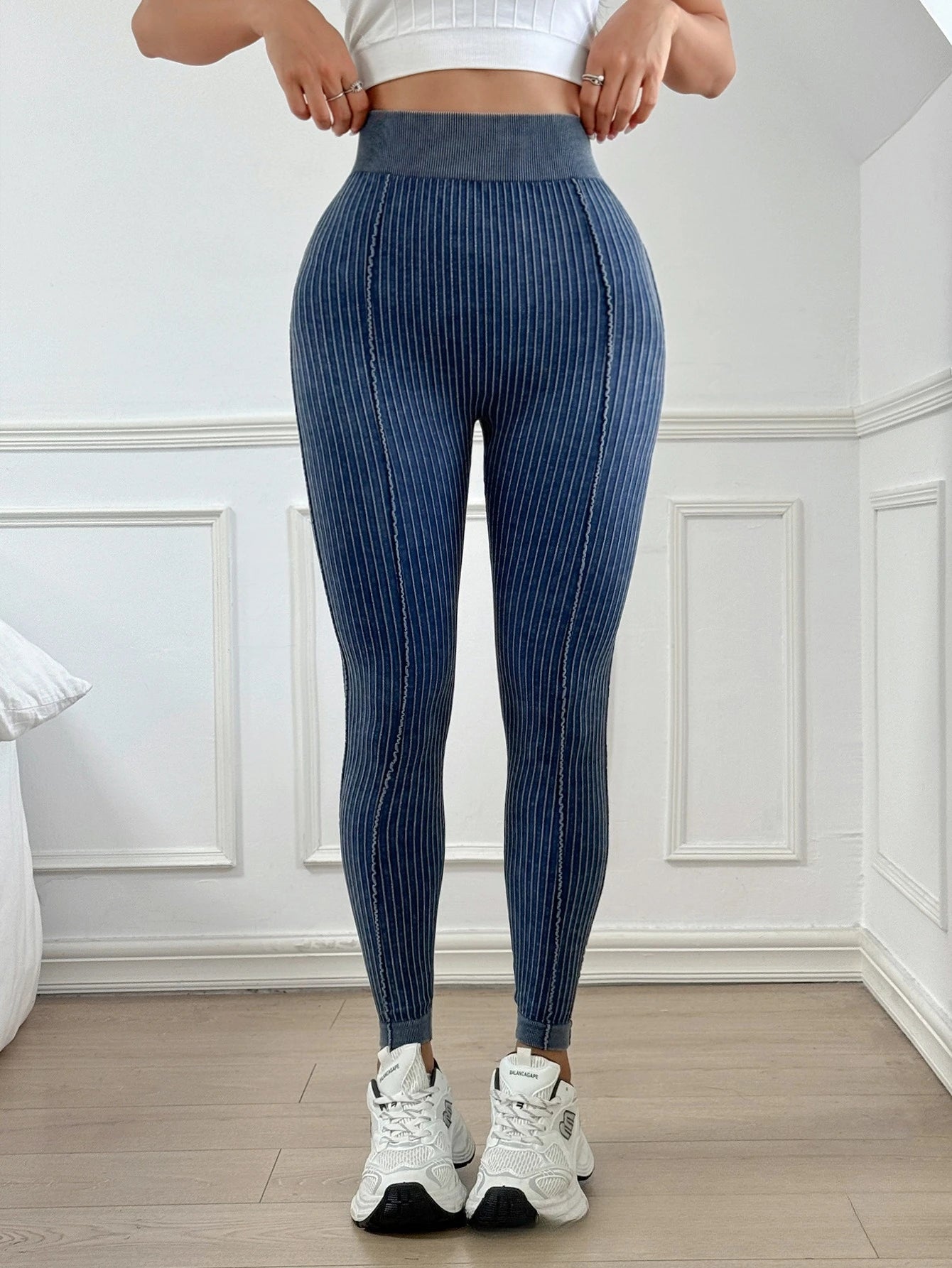 Womens Sand Washed Ribbed Leggings High Waisted Yoga Leggings V Shaped Waistband Peach Booty Lifting Fitness Pants for Workout